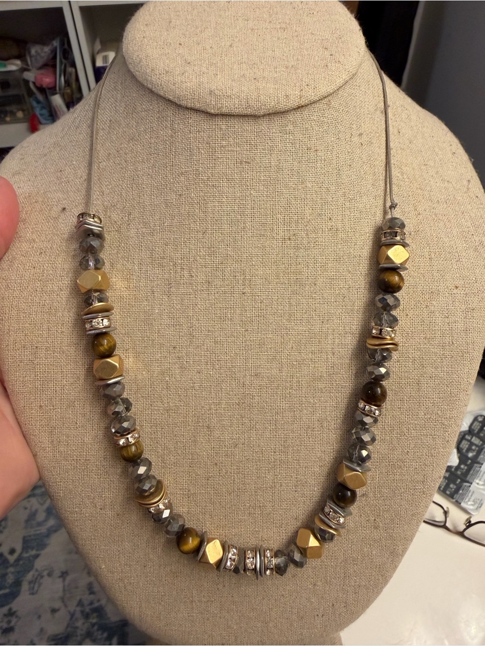 KEEP Collective Gold-Tone and Gray Beaded Women's Necklace- Tiger Eye Accent